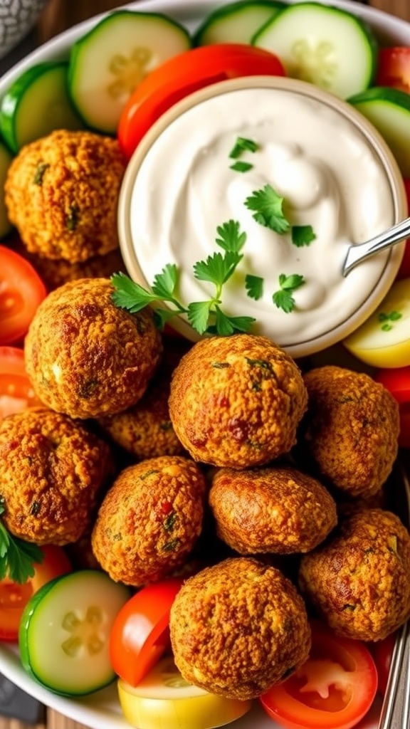 A plate of crispy air fryer falafel with tahini sauce and fresh vegetables.